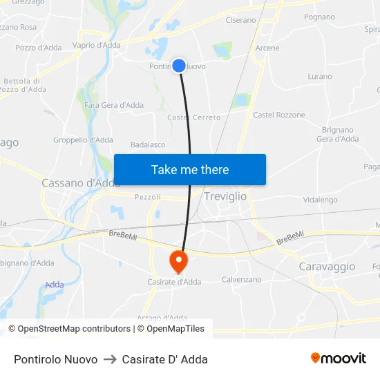 Pontirolo Nuovo to Casirate D' Adda map