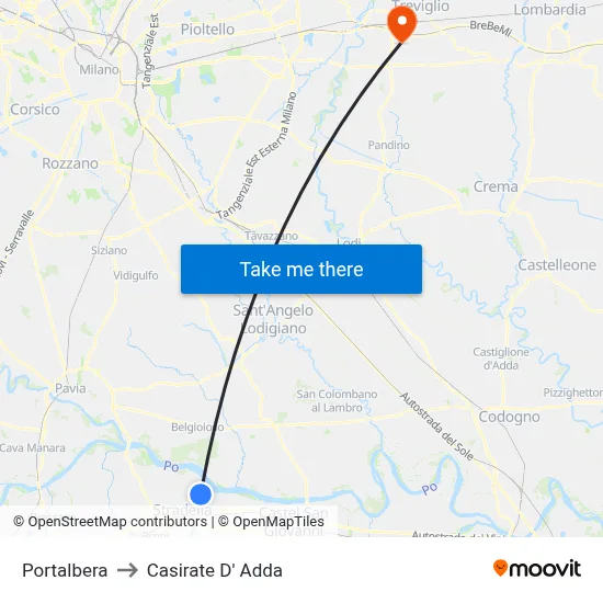 Portalbera to Casirate d'Adda map