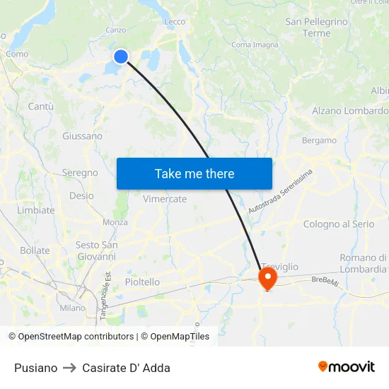 Pusiano to Casirate D' Adda map