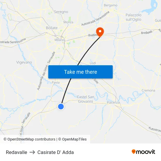 Redavalle to Casirate D' Adda map