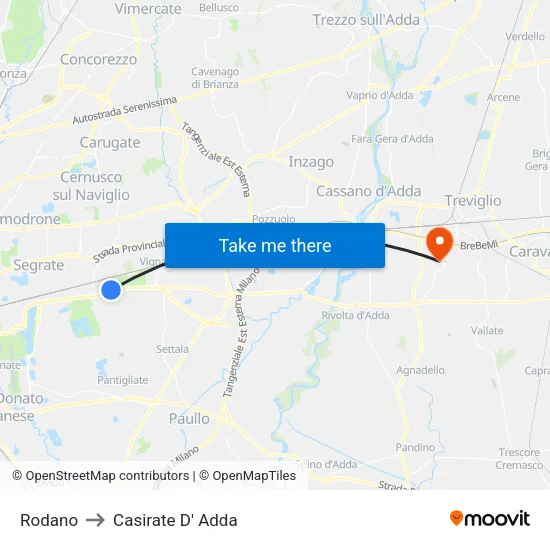 Rodano to Casirate D' Adda map