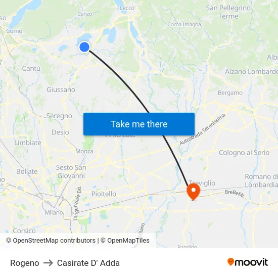 Rogeno to Casirate D' Adda map