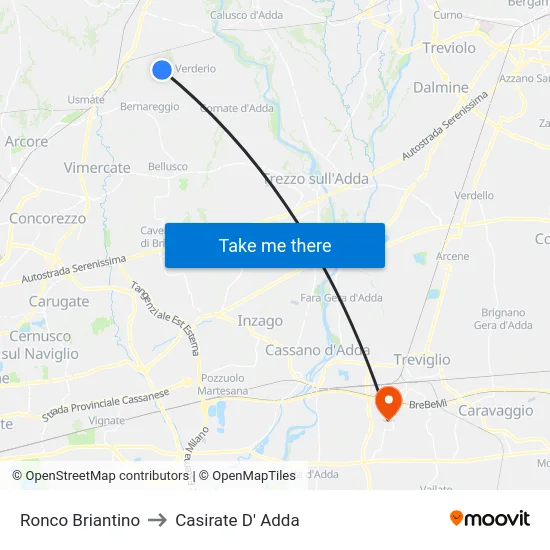 Ronco Briantino to Casirate D' Adda map
