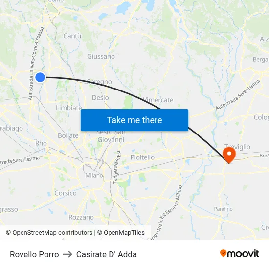 Rovello Porro to Casirate D' Adda map