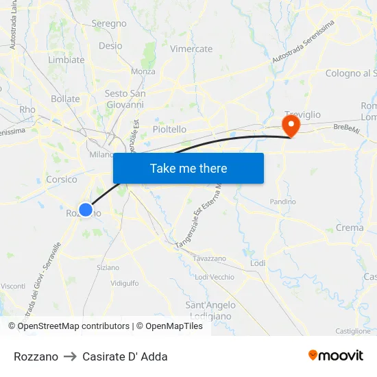 Rozzano to Casirate D' Adda map