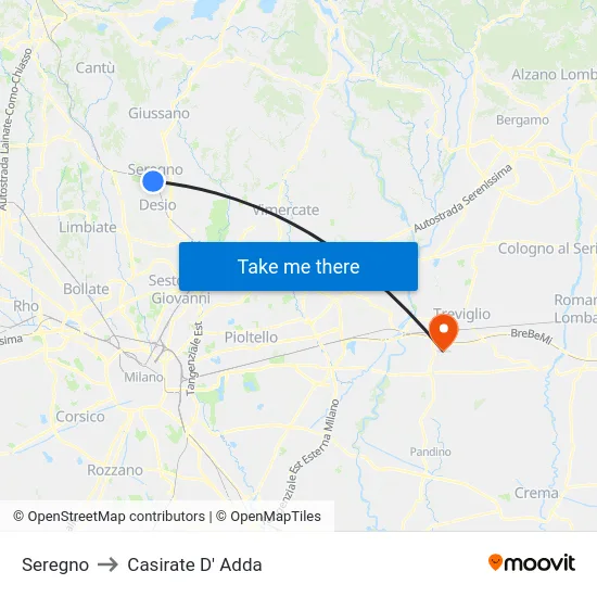 Seregno to Casirate D' Adda map