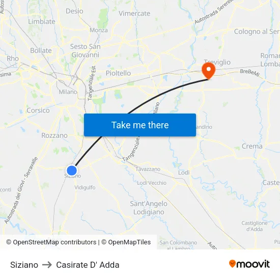 Siziano to Casirate D' Adda map