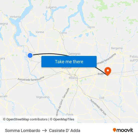 Somma Lombardo to Casirate D' Adda map