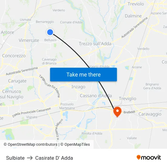 Sulbiate to Casirate D' Adda map