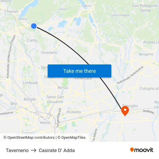Tavernerio to Casirate D' Adda map