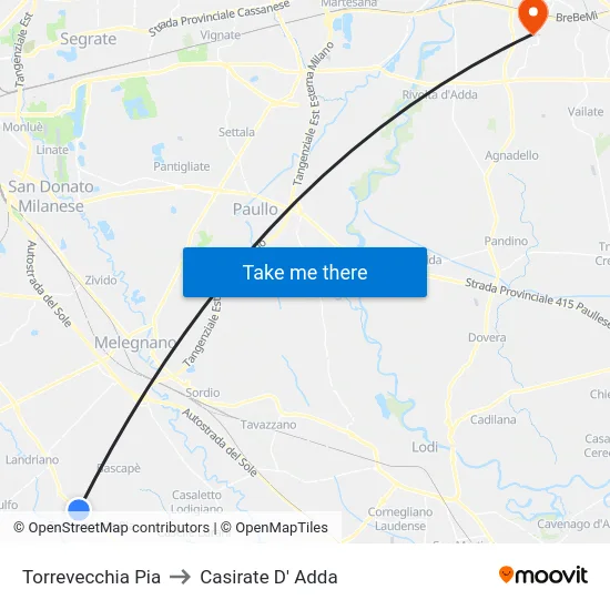 Torrevecchia Pia to Casirate D' Adda map
