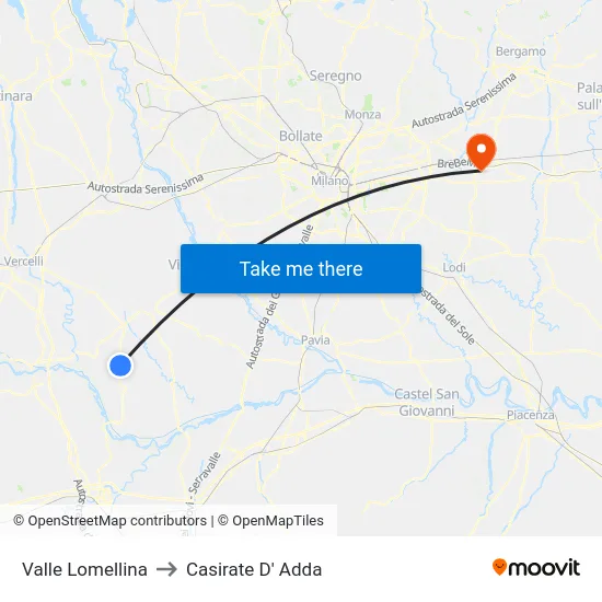 Valle Lomellina to Casirate D' Adda map