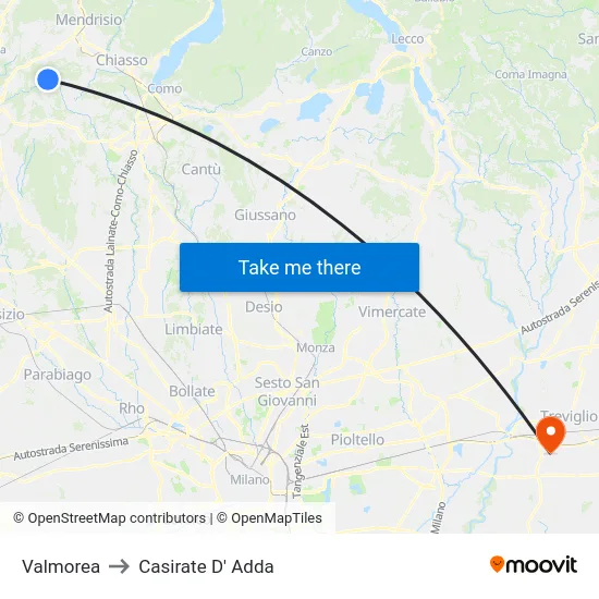 Valmorea to Casirate d'Adda map