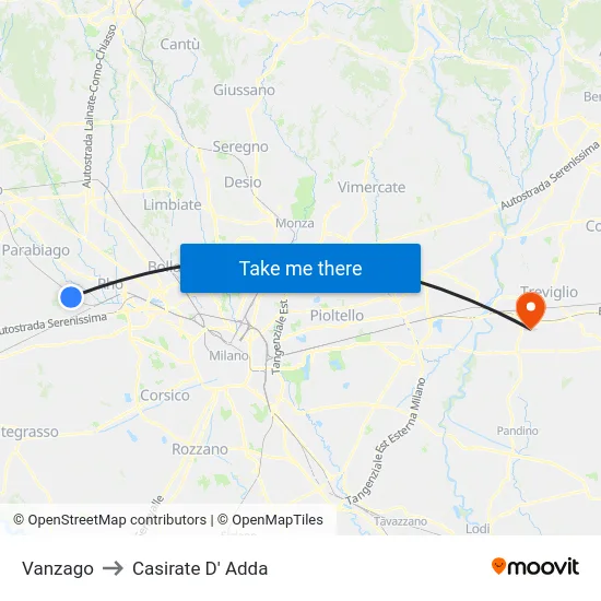 Vanzago to Casirate D' Adda map