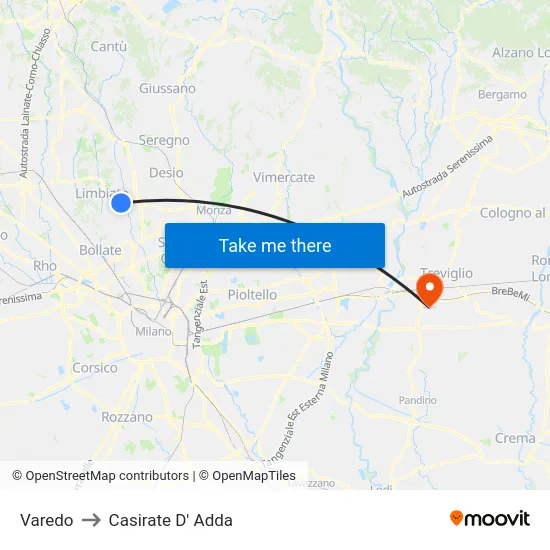 Varedo to Casirate D' Adda map
