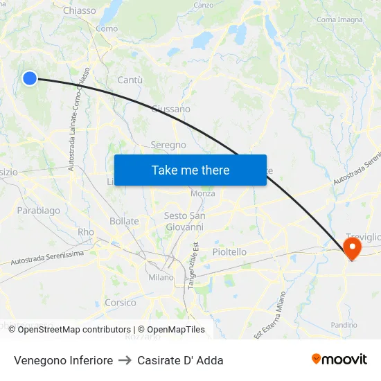 Venegono Inferiore to Casirate D' Adda map