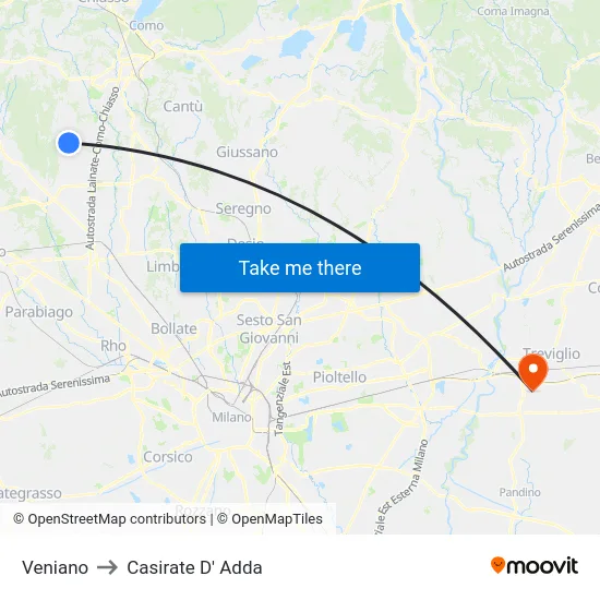 Veniano to Casirate D' Adda map