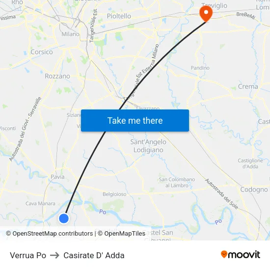 Verrua Po to Casirate D' Adda map