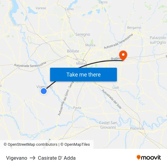 Vigevano to Casirate D' Adda map