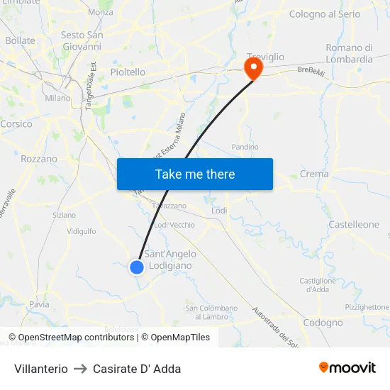Villanterio to Casirate D' Adda map