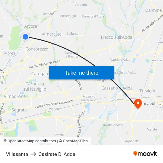 Villasanta to Casirate d'Adda map