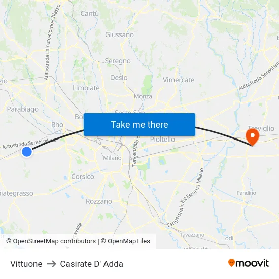 Vittuone to Casirate D' Adda map