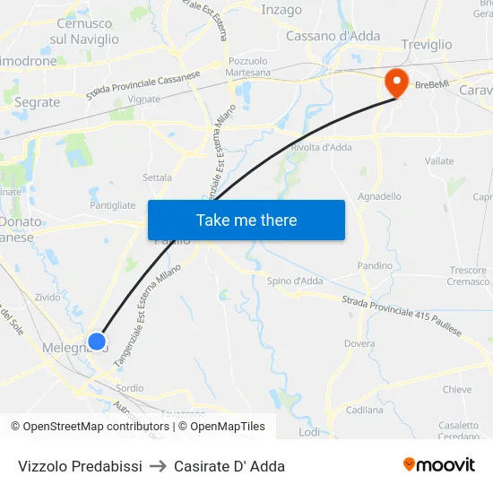Vizzolo Predabissi to Casirate D' Adda map
