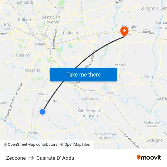 Zeccone to Casirate D' Adda map