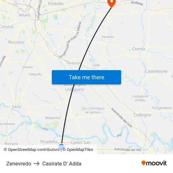 Zenevredo to Casirate D' Adda map