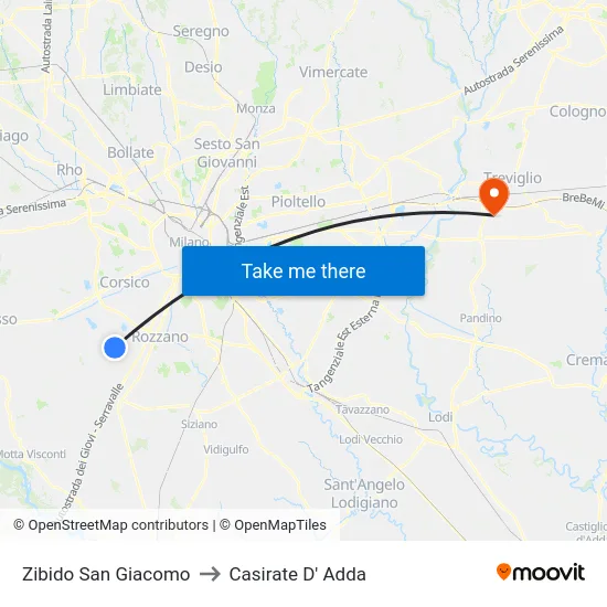 Zibido San Giacomo to Casirate D' Adda map