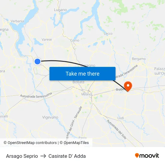 Arsago Seprio to Casirate D' Adda map