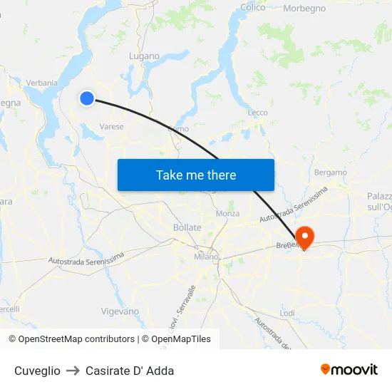 Cuveglio to Casirate D' Adda map