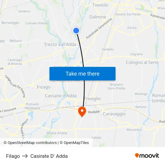 Filago to Casirate D' Adda map
