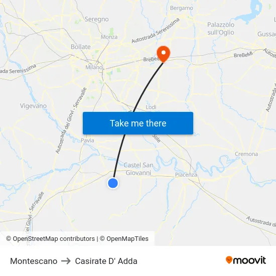 Montescano to Casirate D' Adda map