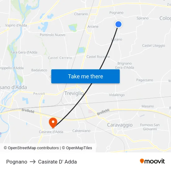 Pognano to Casirate D' Adda map