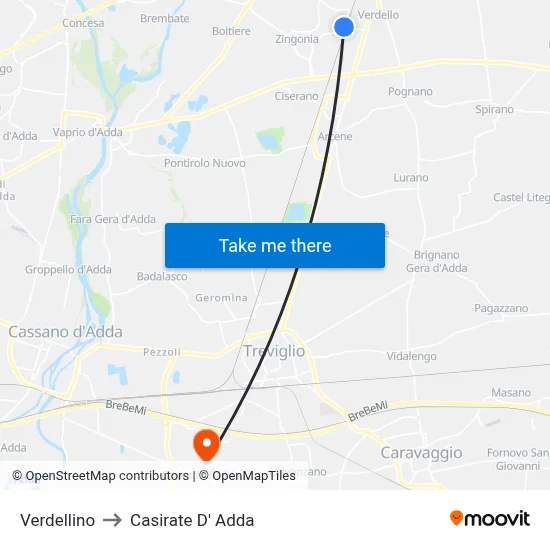 Verdellino to Casirate D' Adda map