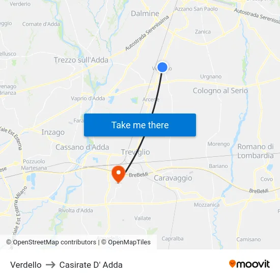 Verdello to Casirate D' Adda map