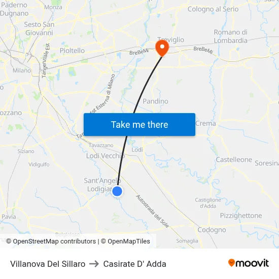 Villanova Del Sillaro to Casirate d'Adda map