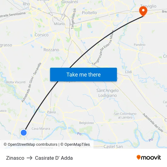 Zinasco to Casirate D' Adda map