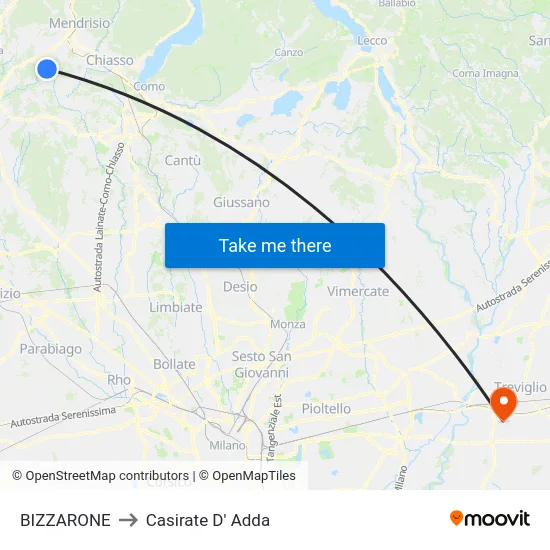 Bizzarone to Casirate d'Adda map