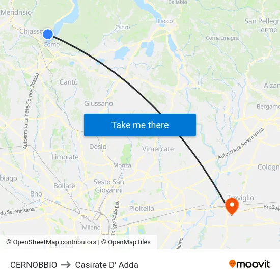 Cernobbio to Casirate d'Adda map