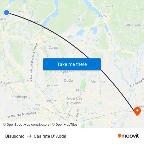 Bisuschio to Casirate D' Adda map