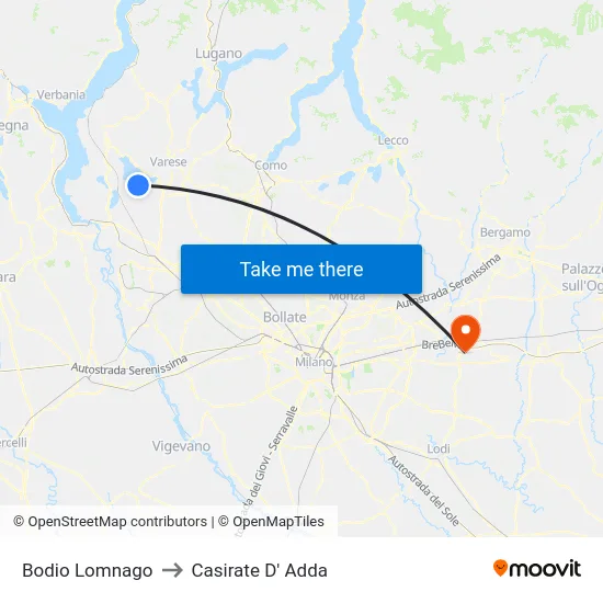 Bodio Lomnago to Casirate D' Adda map