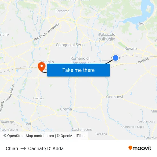 Chiari to Casirate D' Adda map