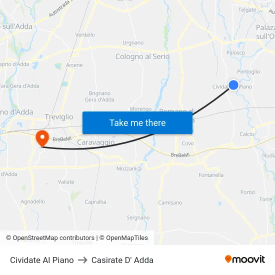 Cividate Al Piano to Casirate D' Adda map