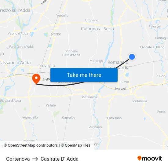 Cortenova to Casirate D' Adda map