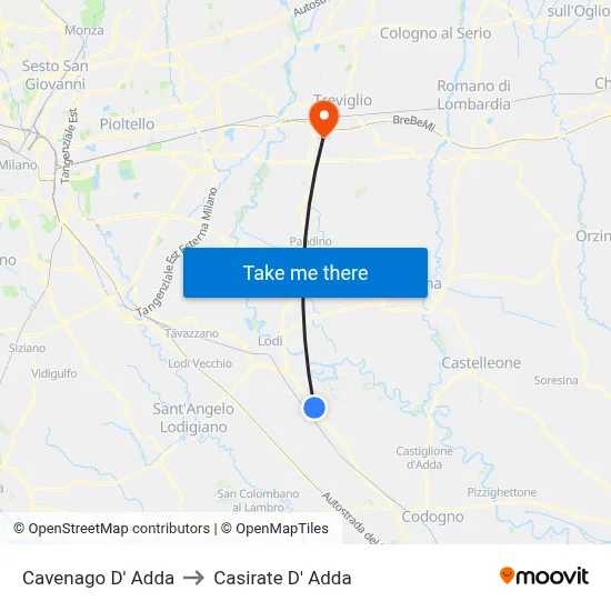 Cavenago D' Adda to Casirate d'Adda map