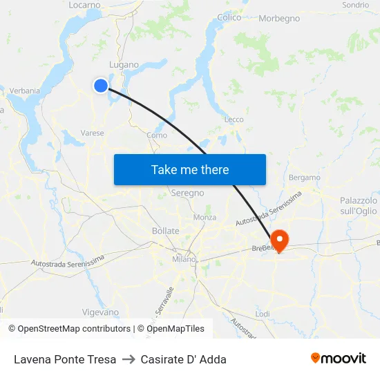 Lavena Ponte Tresa to Casirate D' Adda map