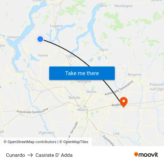 Cunardo to Casirate D' Adda map