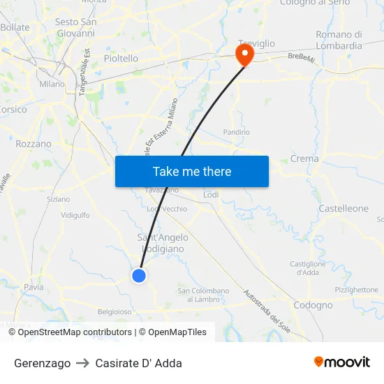 Gerenzago to Casirate D' Adda map